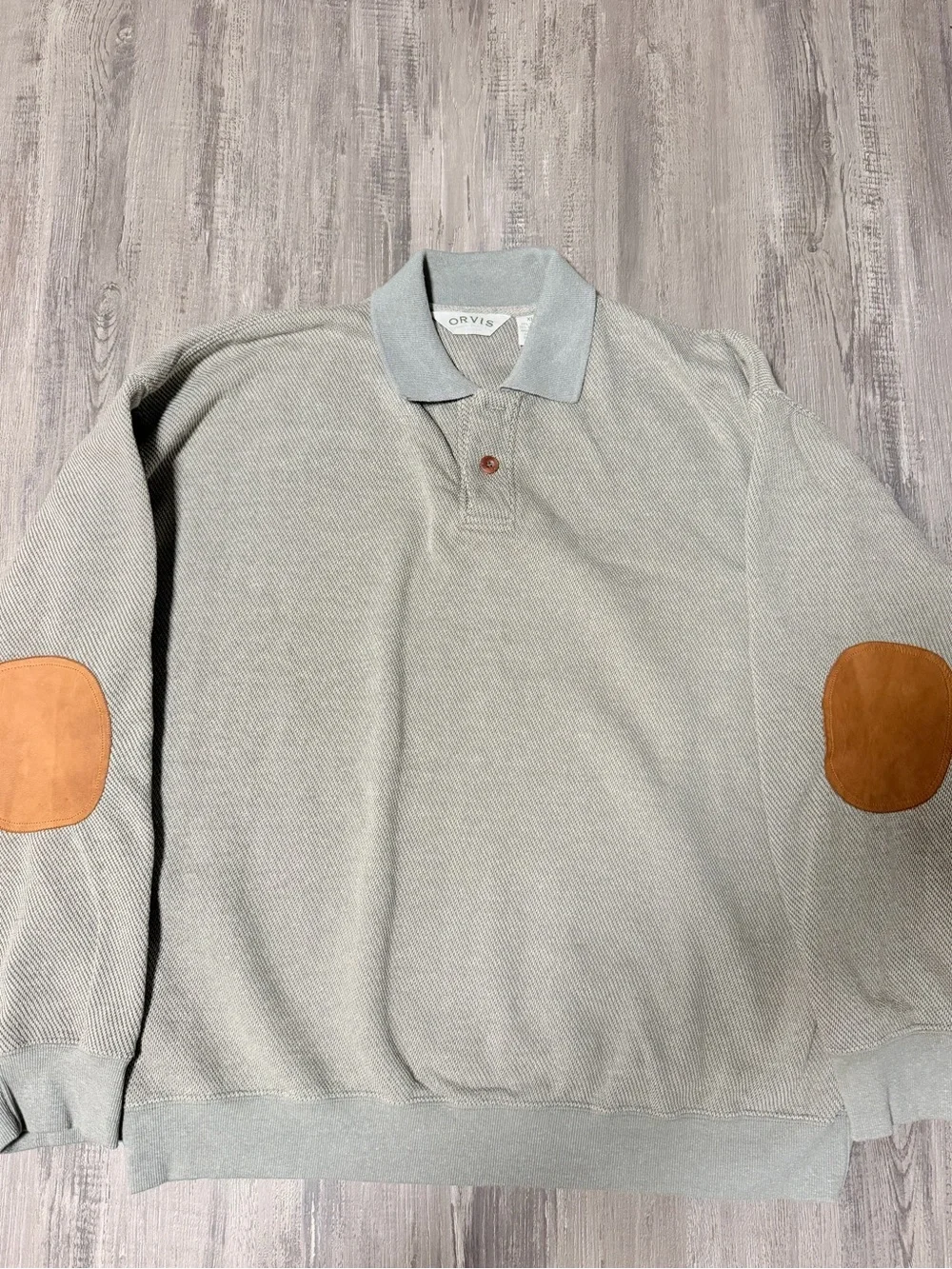 Orvis Men's XL Gray Solid Cotton Blend Long Sleeve Polo Collared Elbow Patch